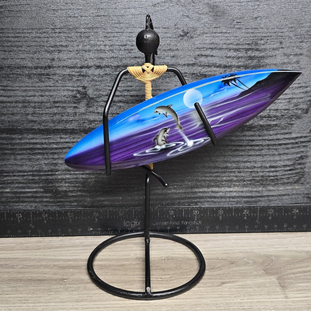 VTG. Metal Maui Rastafarian Surfer with Stand Wood Board Dolphins